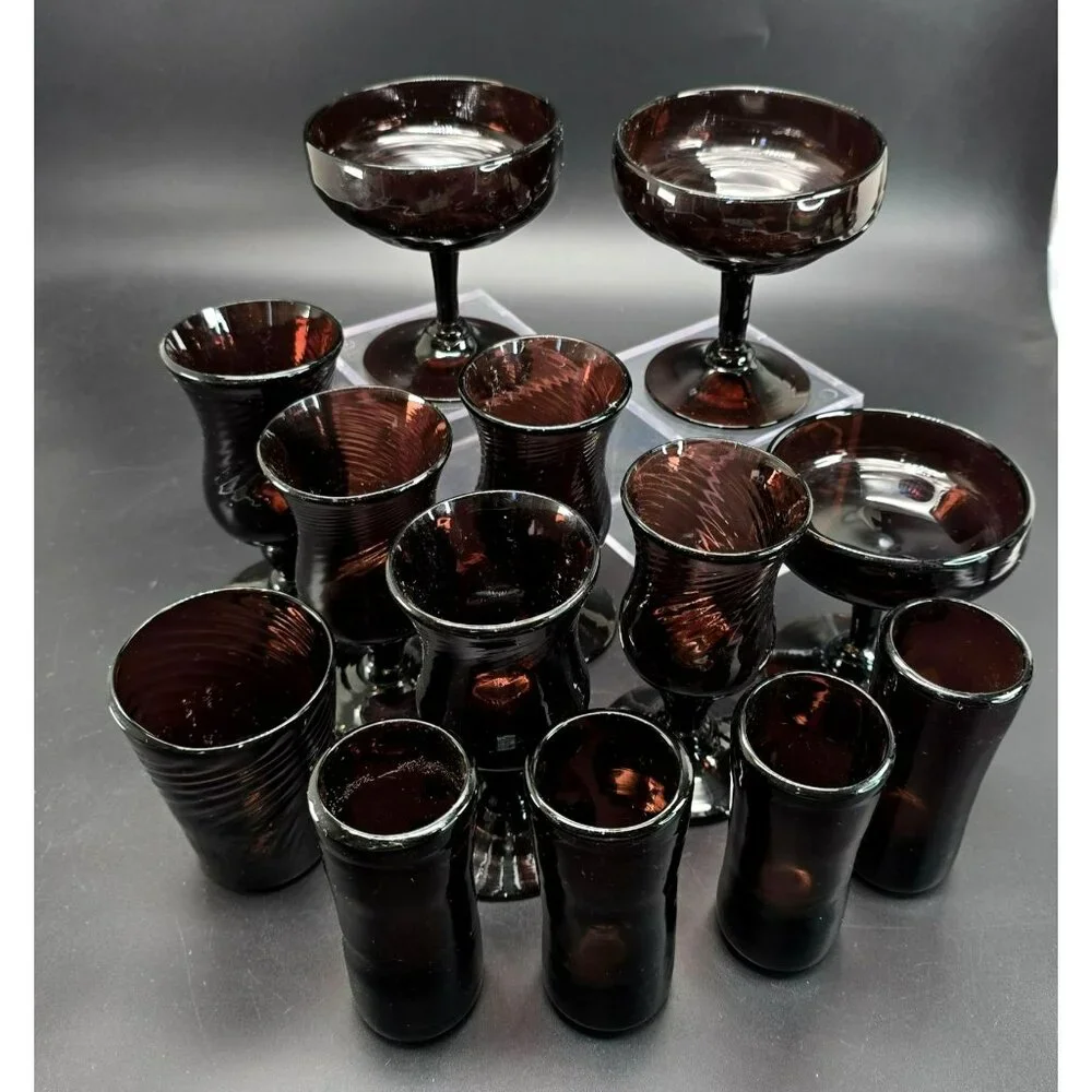 Vintage Handblown Dark Pink Glass Drinkware Set of 14 Pieces DH1357